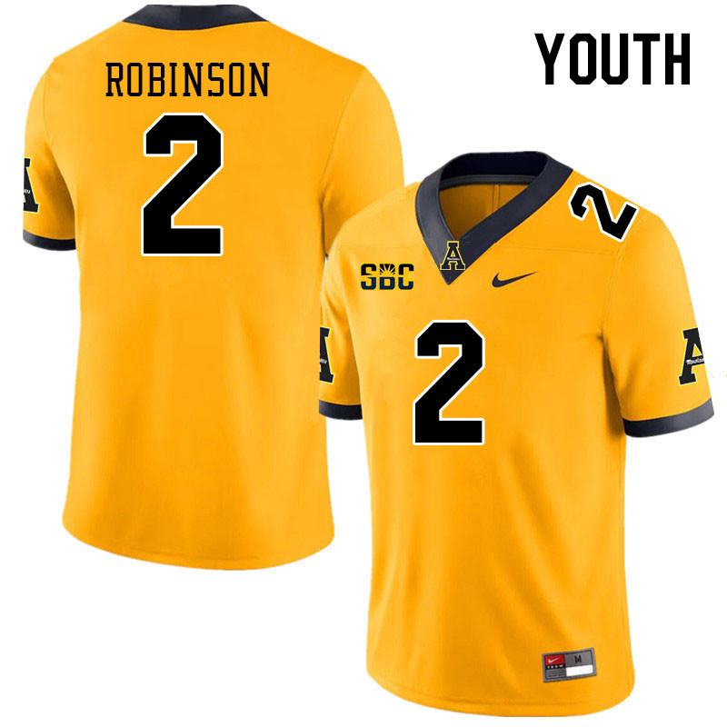 Youth #2 Kaedin Robinson Appalachian State Mountaineers College Football Jerseys Stitched Sale-Gold - Click Image to Close